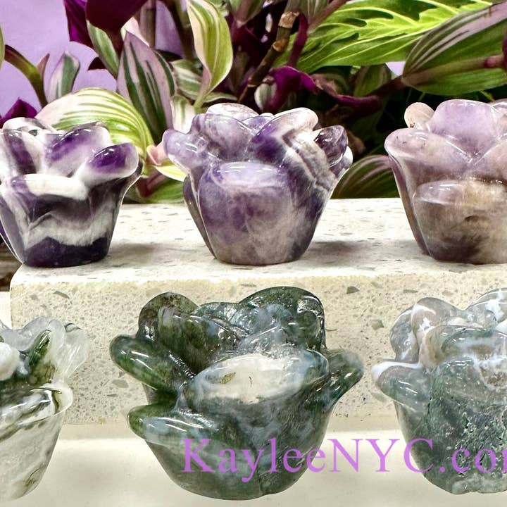 1.6” Natural Chevron Amethyst & Moss Agate Roses for wholesale by KayleeNYC