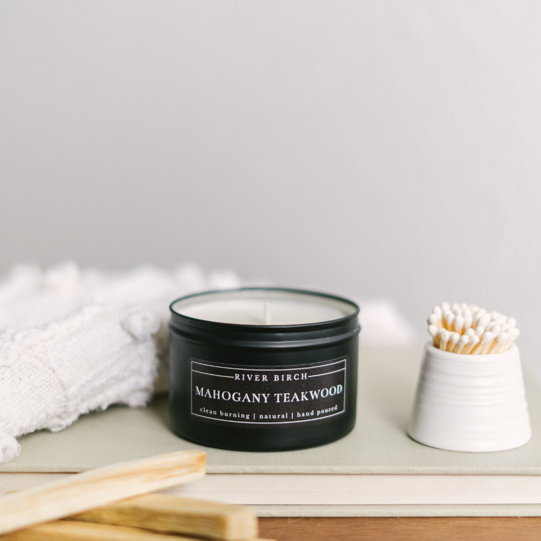 River Birch Candles - Wholesale Travel Candles - 8oz Mahogany Teakwood - Black Tin 1