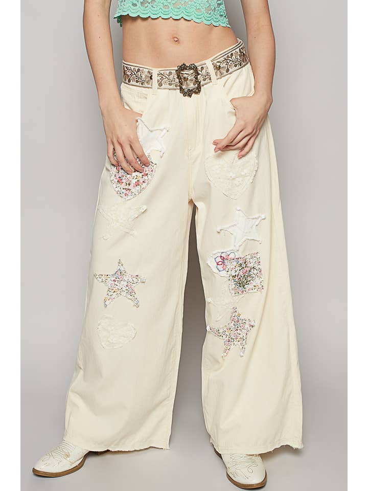 Pol Clothing - Wholesale Jeans - Women's - Embroidery solid floral wide denim pants