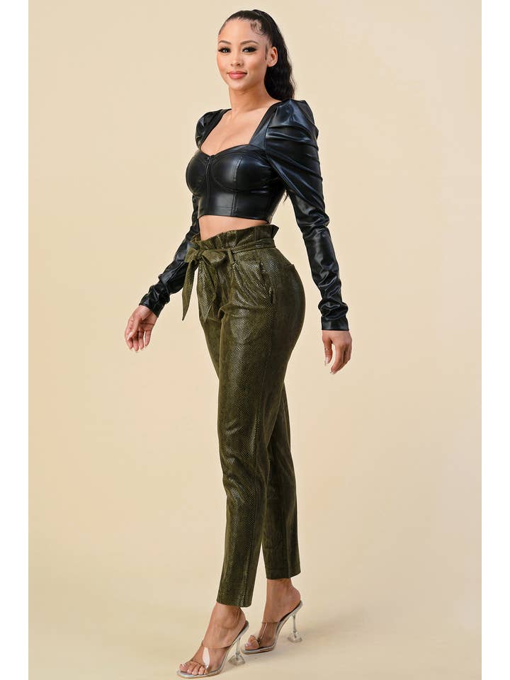 The Sang – wholesale Pants – Women's – SP4870-2 - SNAKE SKIN SLIM FIT PAPER BAG PANTS WITH TIE BELT15
