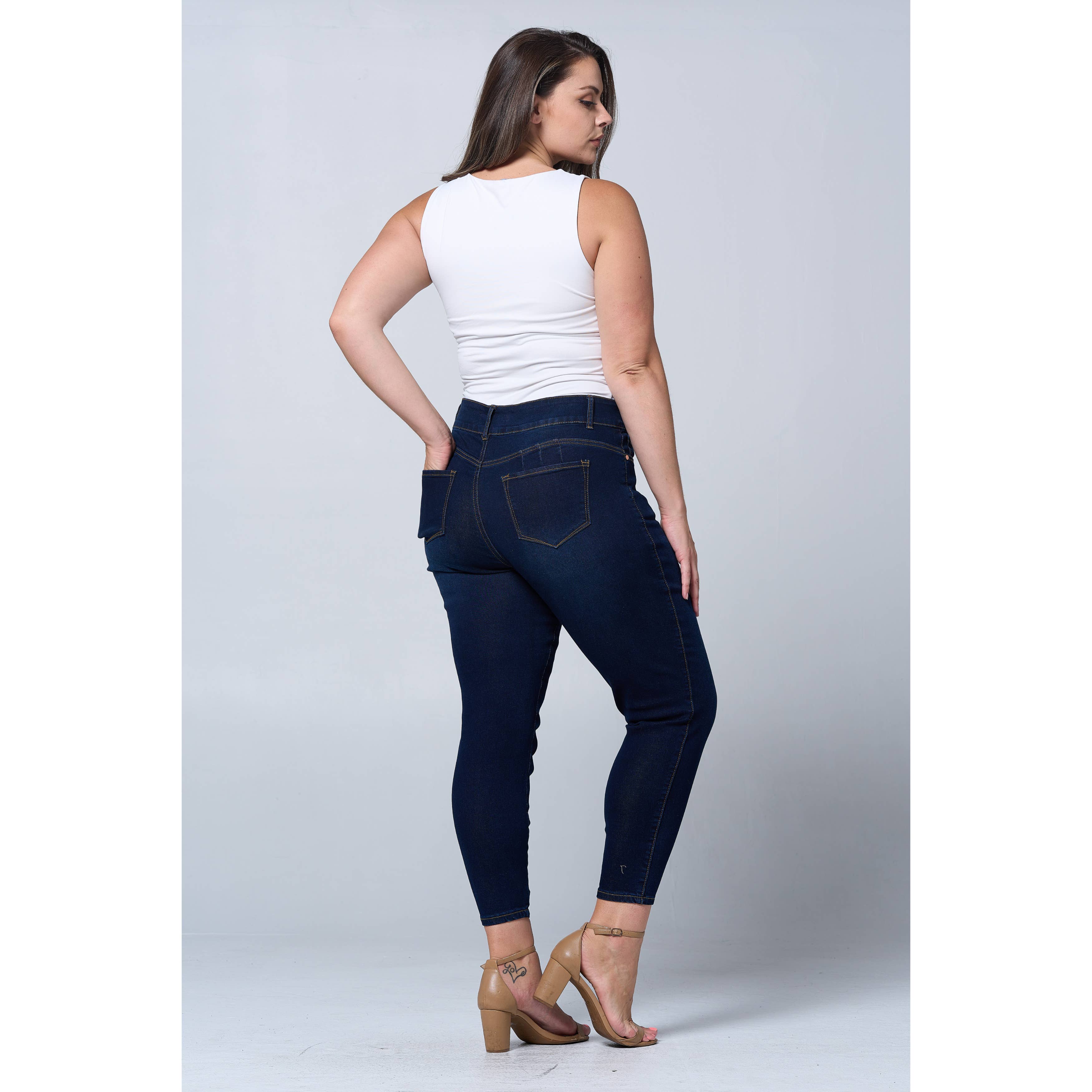 Donkerblauw Plus Size Skinny Jeans met Buikcorrigerende Taille en Lifting voor de Billen PH3502X Donkerblauw voor groothandel op Faire4