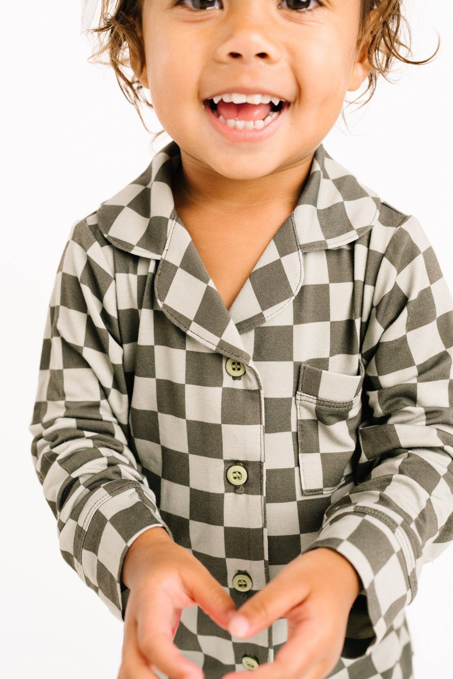 Little One Shop - Wholesale Top & Pant Set - Kids - Pine Checkered Kid Long Sleeve Bamboo Button Up Set6
