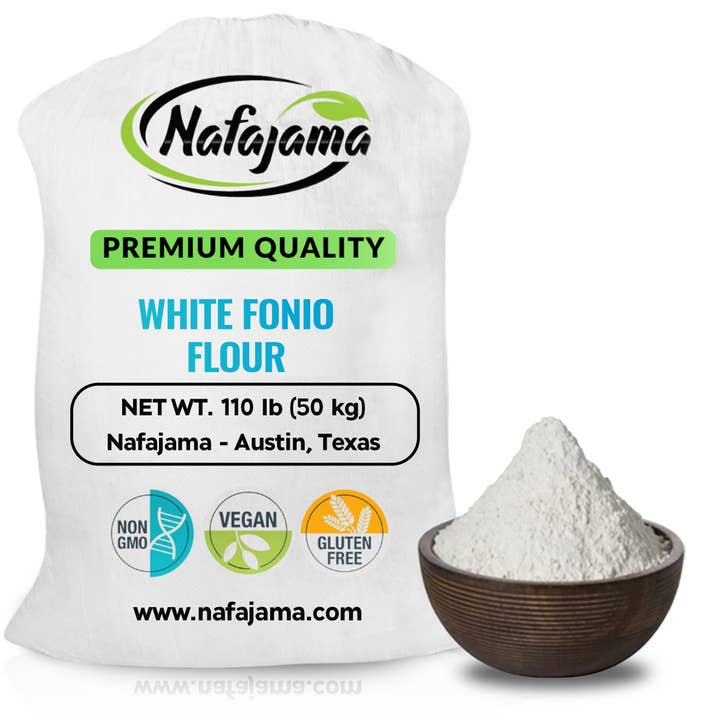 Farina di Fonio Bianco Premium Nafajama - 1 Sacco (110 lb / 50 kg) per la vendita all'ingrosso da parte di Nafajama