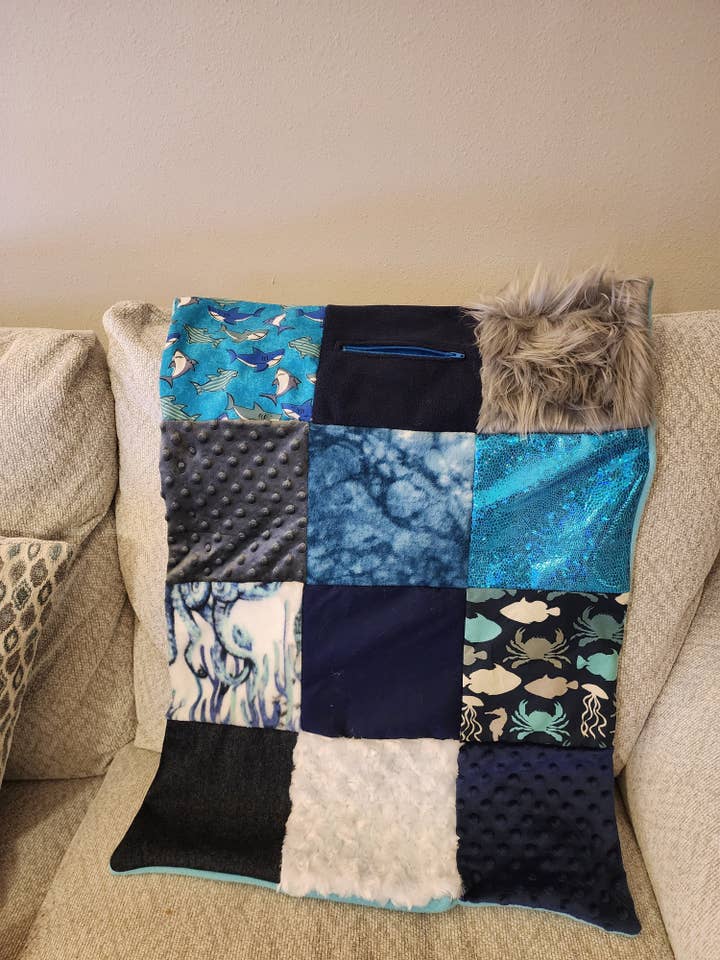 Sensory Blanket- Sharks Theme fidget lap blanket Dementia for wholesale by Peek A Boo Plush