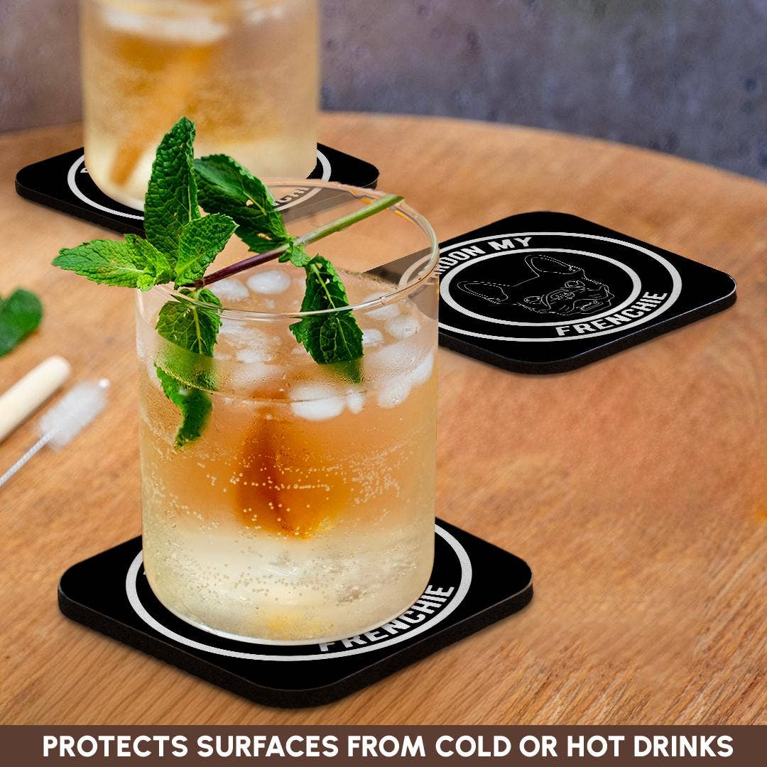 3dRose – Engroshandel Bordskånere – 3dRose, Undskyld min Frenchie i en cirkel med fransk bulldog på sort baggrund, Bordskåner9