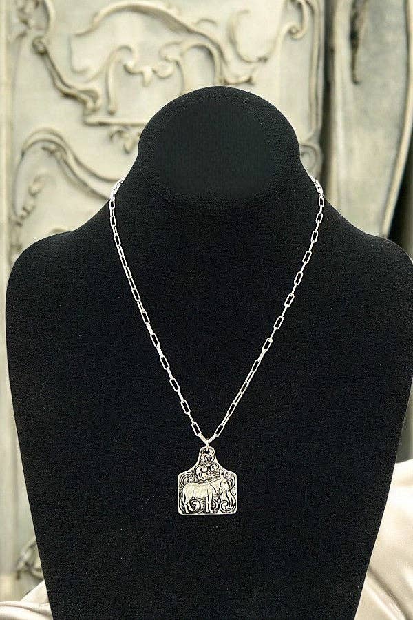 Burnished Silver DONKEY ETCHED CATTLE TAG PENDANT NECKLACE for wholesale on Faire0
