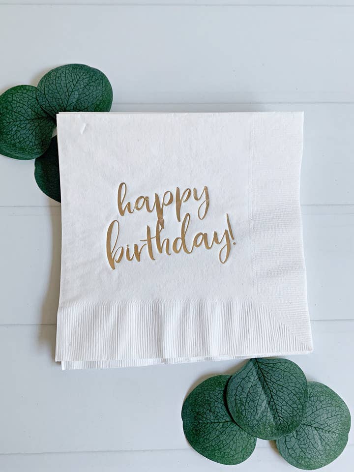Simple Happy Birthday Luncheon Napkins White & Gold for wholesale by EnFete, LLC