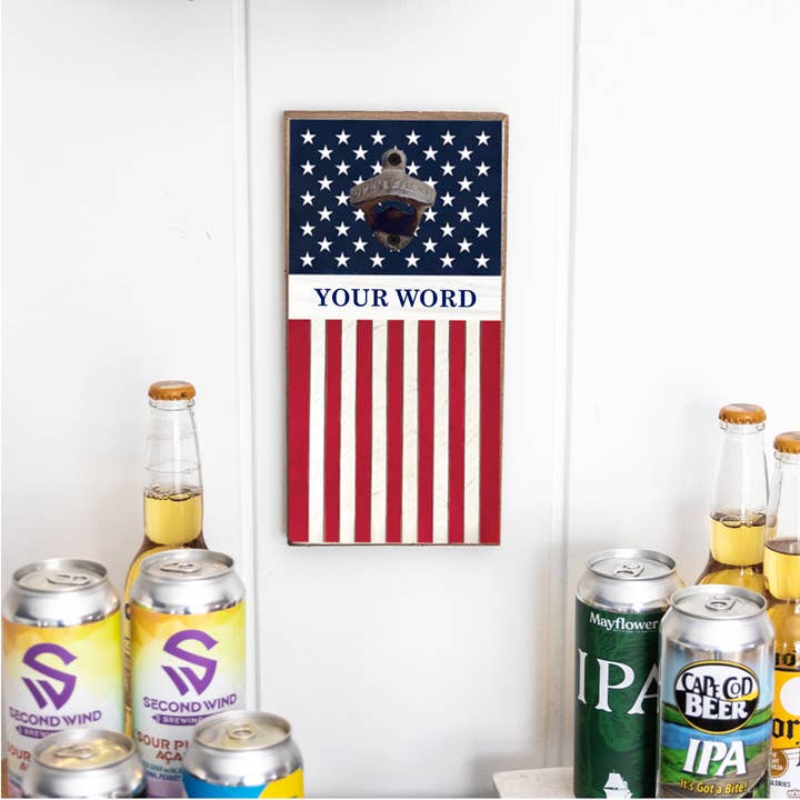 Personalized American Flag Bottle Opener for wholesale by Rustic Marlin
