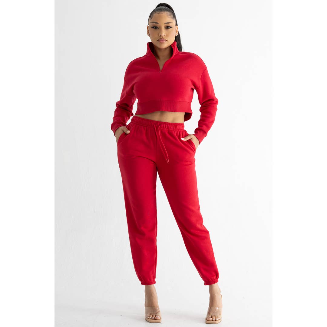 HEAVY FLEECE HALF ZIP CROP TOP AND SWEATPANTS SET for wholesale by Boswell