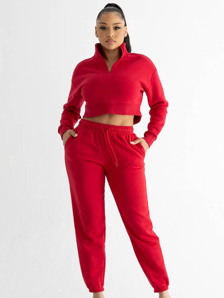 HEAVY FLEECE HALF ZIP CROP TOP AND SWEATPANTS SET for wholesale by Boswell