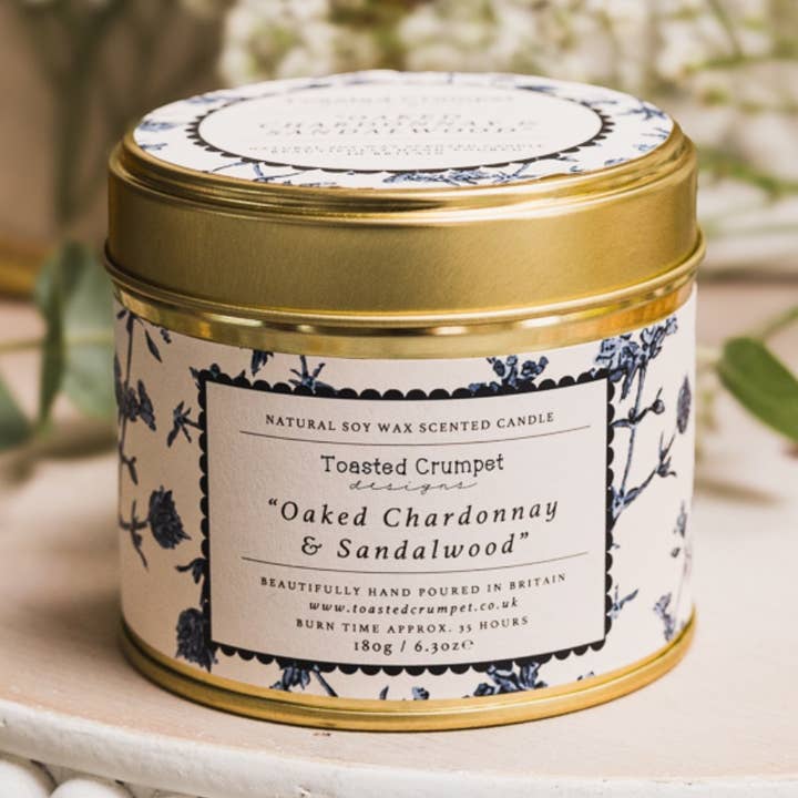 Oaked Chardonnay & Sandalwood Candle in a Matt Gold Tin for wholesale by Toasted Crumpet (We Pay All US Duties & Tariffs)