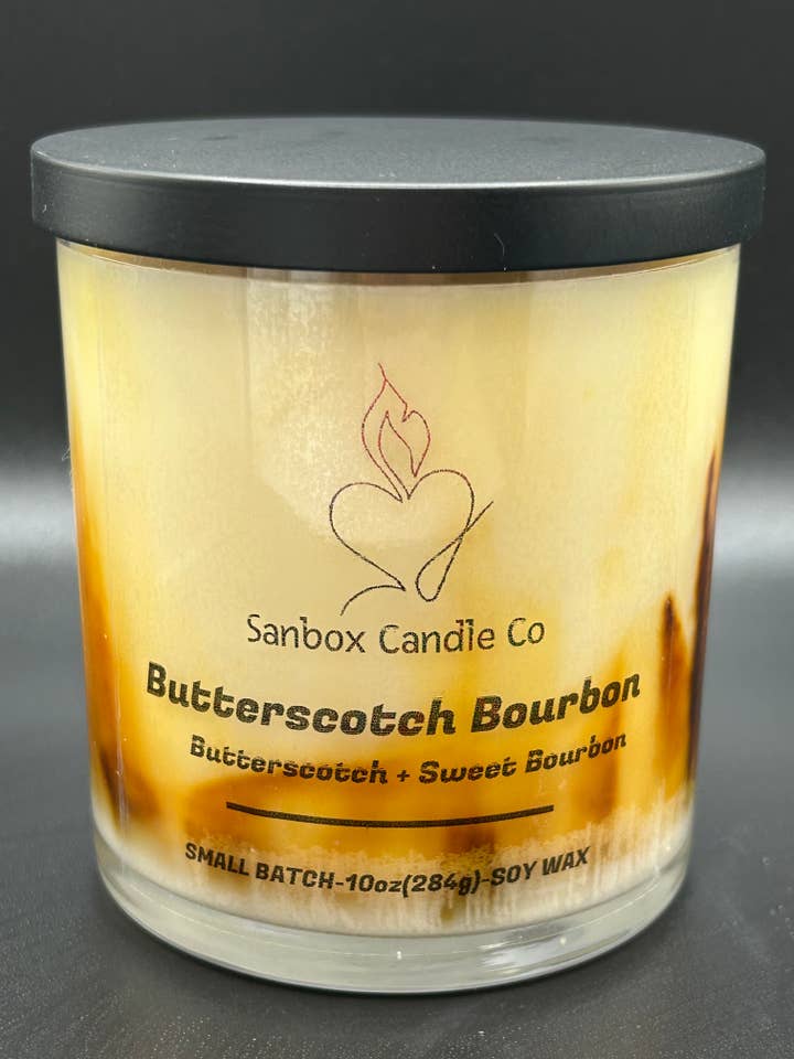 Butterscotch Bourbon 10 oz Soy candle for wholesale by Sanbox Candle Co