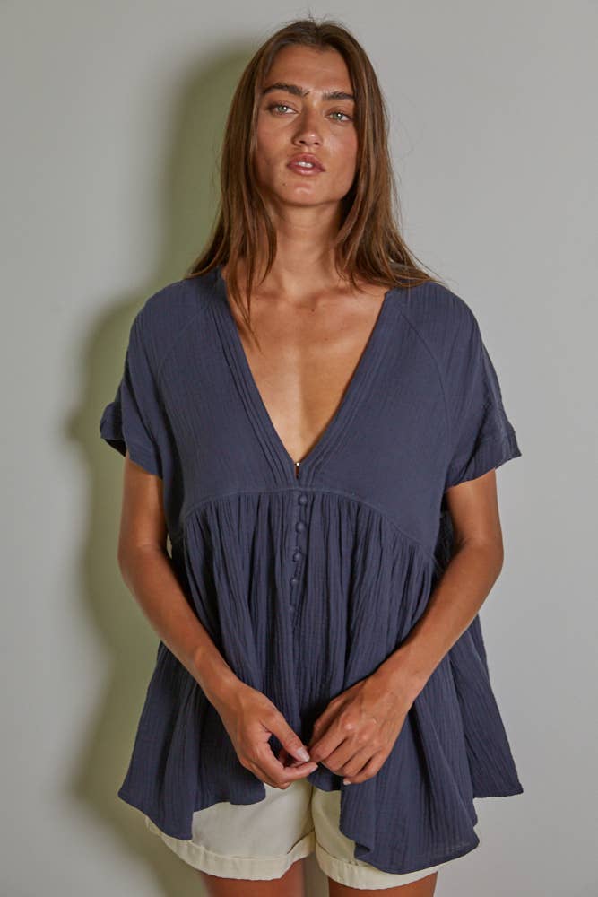 By Together – wholesale Blouse – Women’s – L7061 | Woven Cotton Gauze Plunged V-Neck Button Top0