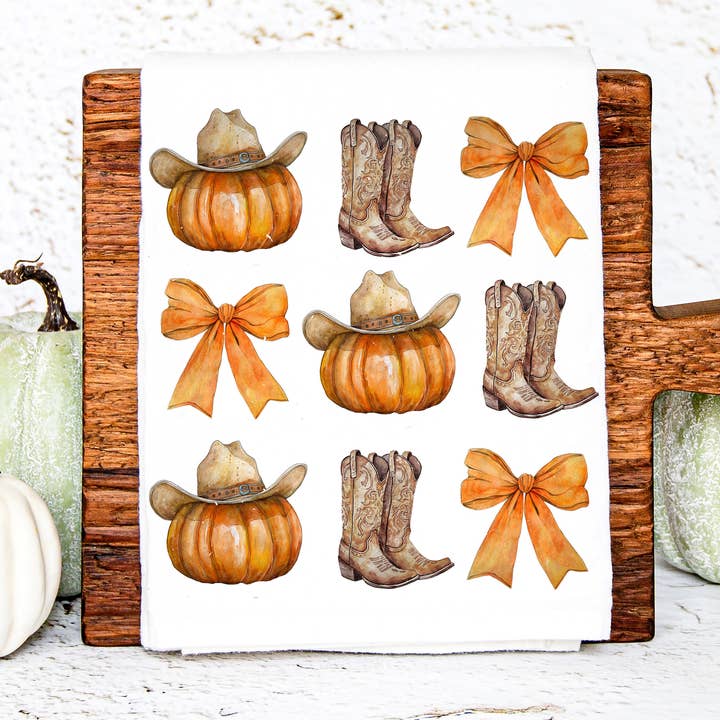 Halloween Western Boots Pumpkins and Ribbons Kitchen Towel for wholesale by Love You a Latte Shop