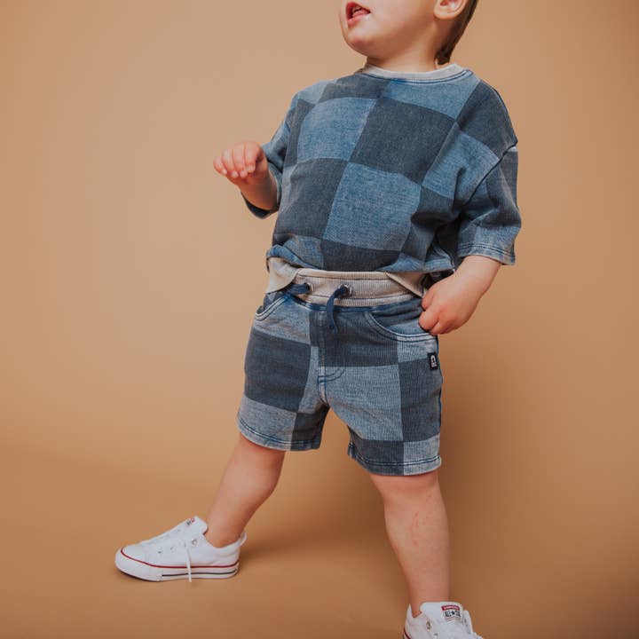 Kinder Shorts - Blaues Denim-Karo für den Großhandel von RAGS