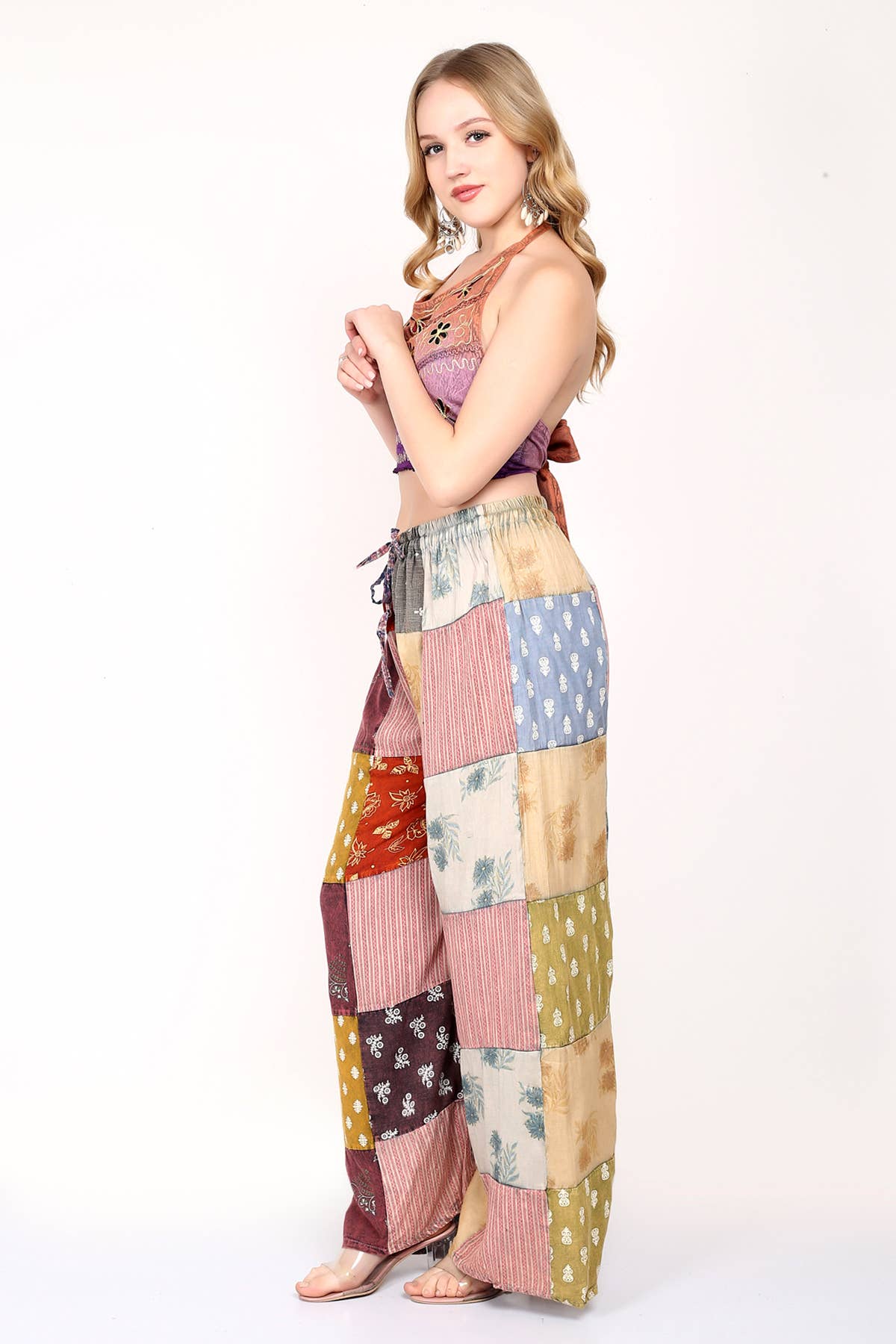 Wevez - Wholesale Pants - Women's - Women Patchwork Wide Leg Acidwash Elastic Waist Pant Mix Lot7