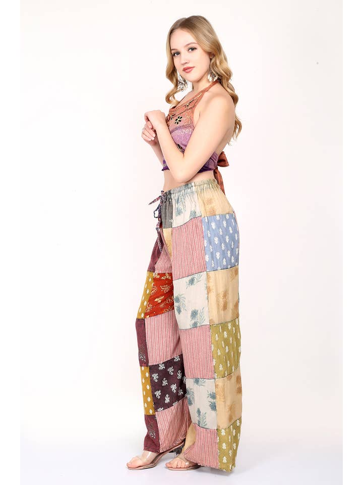 Wevez - Wholesale Pants - Women's - Women Patchwork Wide Leg Acidwash Elastic Waist Pant Mix Lot7