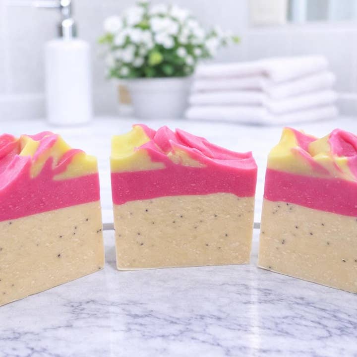 Dragonfruit Goat Milk Soap with exfoliating poppy seeds for wholesale by Daisy Chain Farm