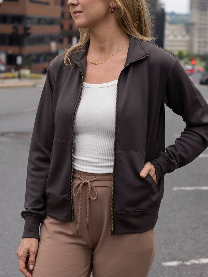 Luxe Knit Zip Up Jacket in Portobello for wholesale by Grace and Lace