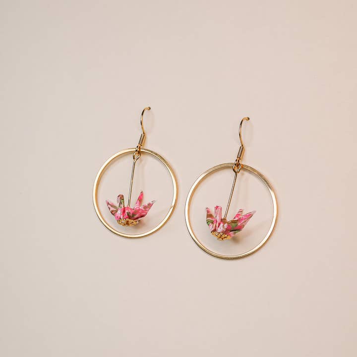 Kamyi.Art Origami Designs - Wholesale Dangle Earrings - Small Crane and Hoop Earrings in Gold2