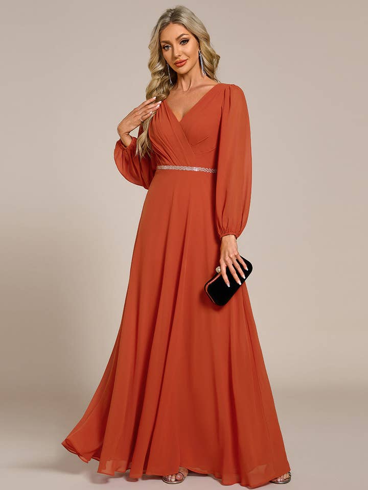 Ever-Pretty - Wholesale Gown - Women's - Elegant waisted chiffon V-neck Long Sleeve guest Dress70