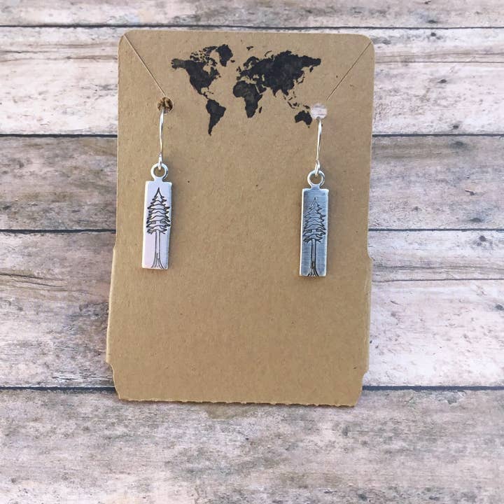 Redwood tree rectangular tag earrings in silver tone for wholesale by Jamie Haley Designs