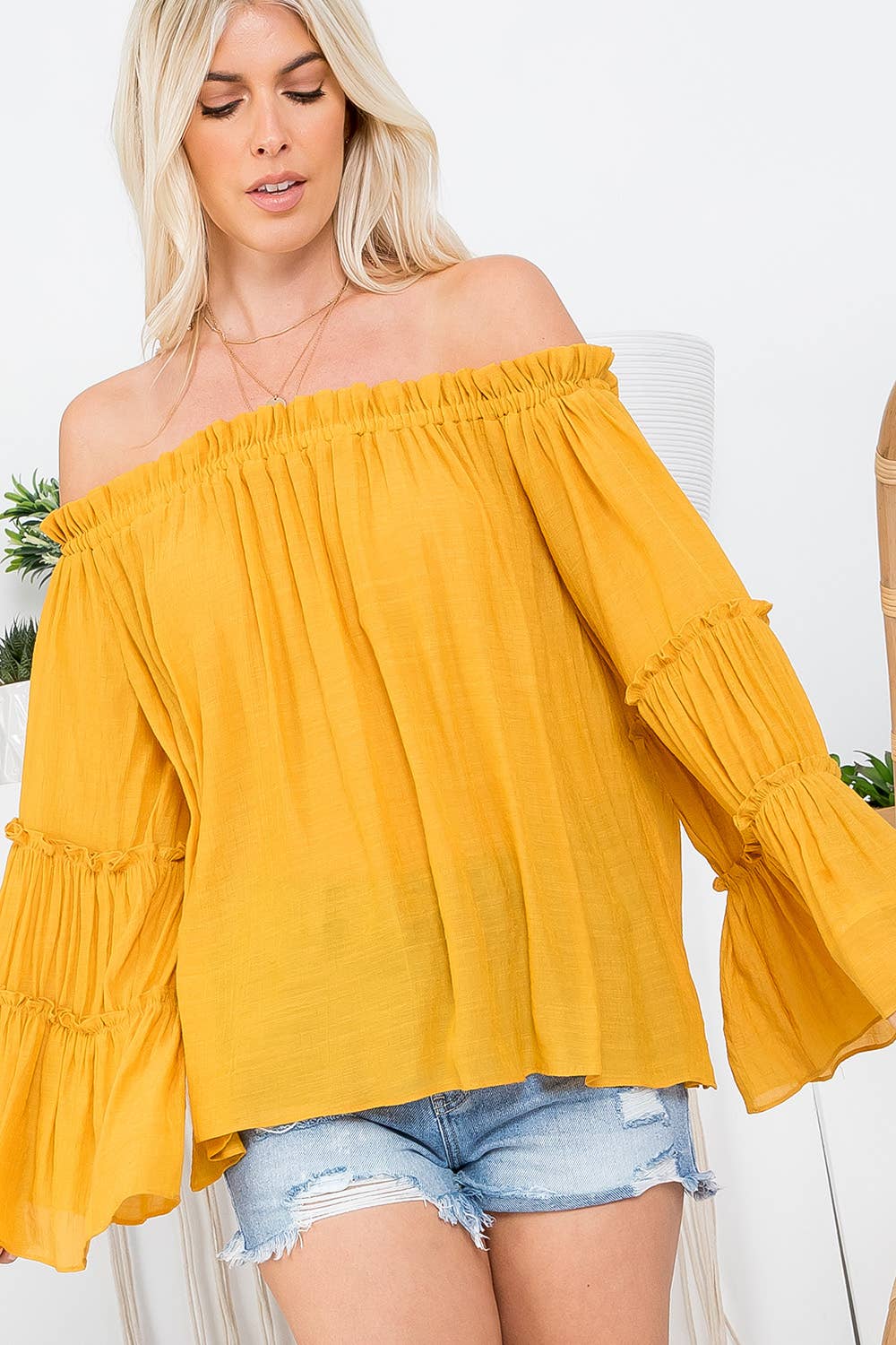 Sweet Lovely by Jen - Wholesale Blouse – Women’s - OFF SHOULDER TIERED BELL SLEEVE TOP52
