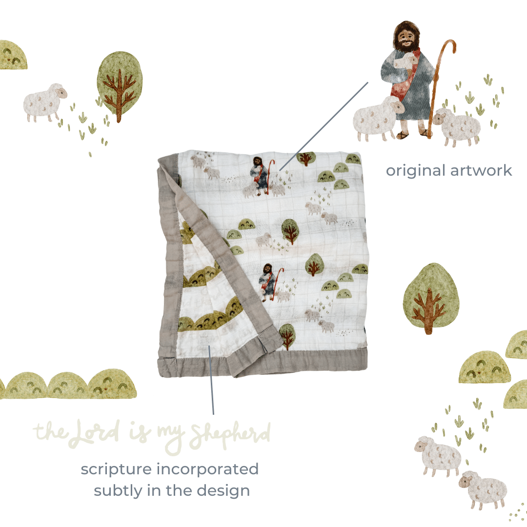 The Little Rose Shop - Wholesale Bedding Blanket - Kids & Baby - The Lord is my Shepherd - Catholic Luxury Double Sided Muslin Blanket1