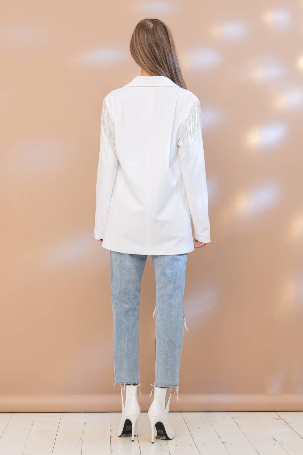 IVOOR Stretch boyfriend blazer met rhinestone franjes op de schouders voor groothandel op Faire5