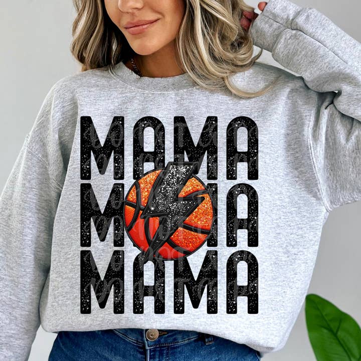 Felpa girocollo Mama Basketball Stacked con ricamo sintetico per la vendita all'ingrosso da parte di Trendy Tee Co.