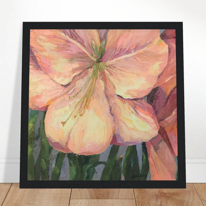 'Roze Amaryllis' Bloem | 12x12 inch Houten Ingelijste Kunstdruk | Origineel Kunstwerk door Amerikaanse Kunstenares Barbara Cleary voor wholesale door Barbara Cleary Designs