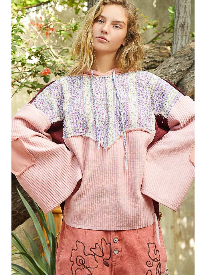 Pol Clothing - Wholesale Hoodie - Women's - Floral print contrast long sleeve french terry top SALE