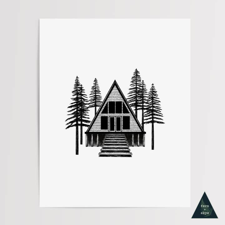 Woodland A-frame Cabin Art Print for wholesale by Fern and Skye