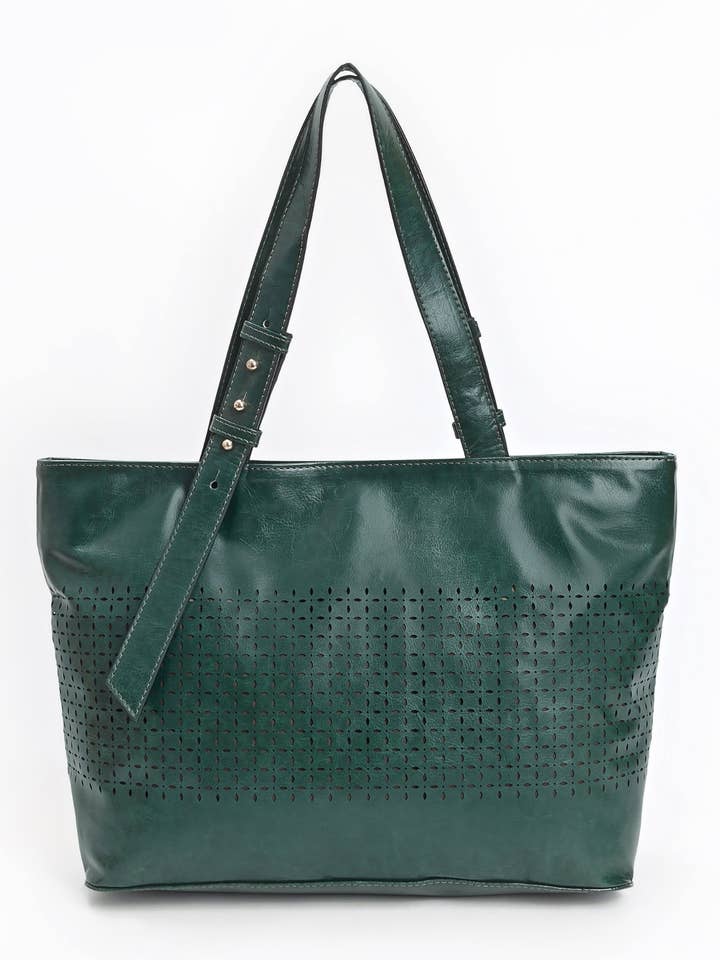 Forest Green Perforated Leather Tote for wholesale by Ganges Grain Inc