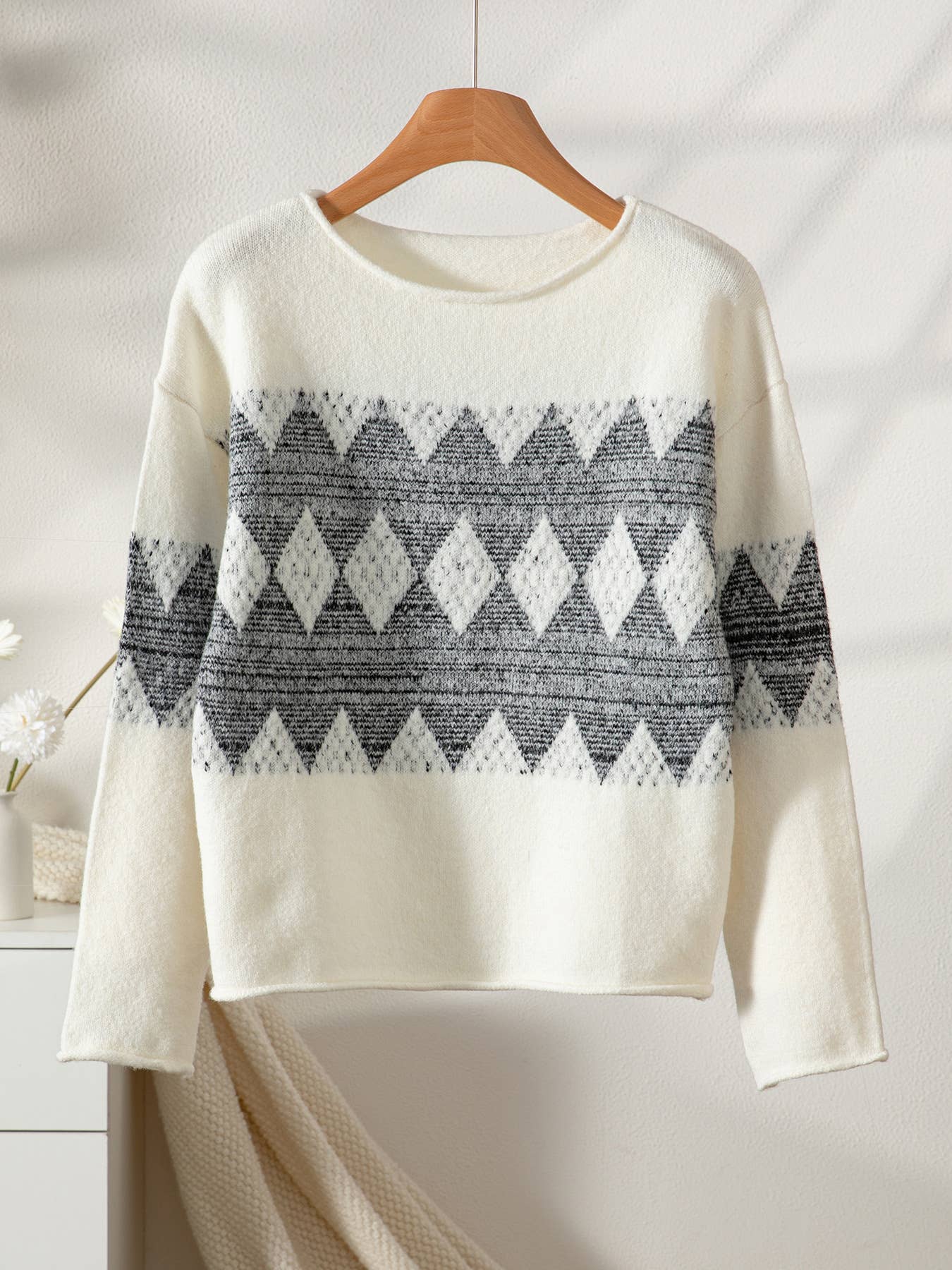 White Off Shoulder Argyle Knit Sweater for wholesale on Faire0