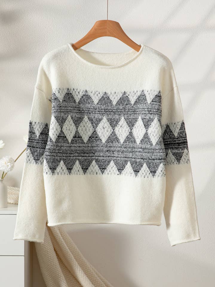 White Off Shoulder Argyle Knit Sweater for wholesale on Faire