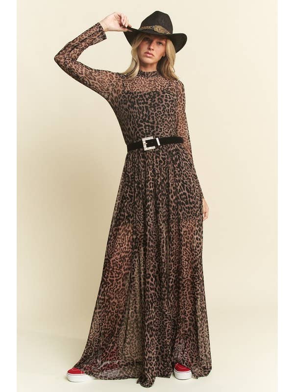 Black LONG SLEEVE MOCK NECK ANIMAL PRINT MESH MAXI DRESS KRD4340-4 for wholesale on Faire