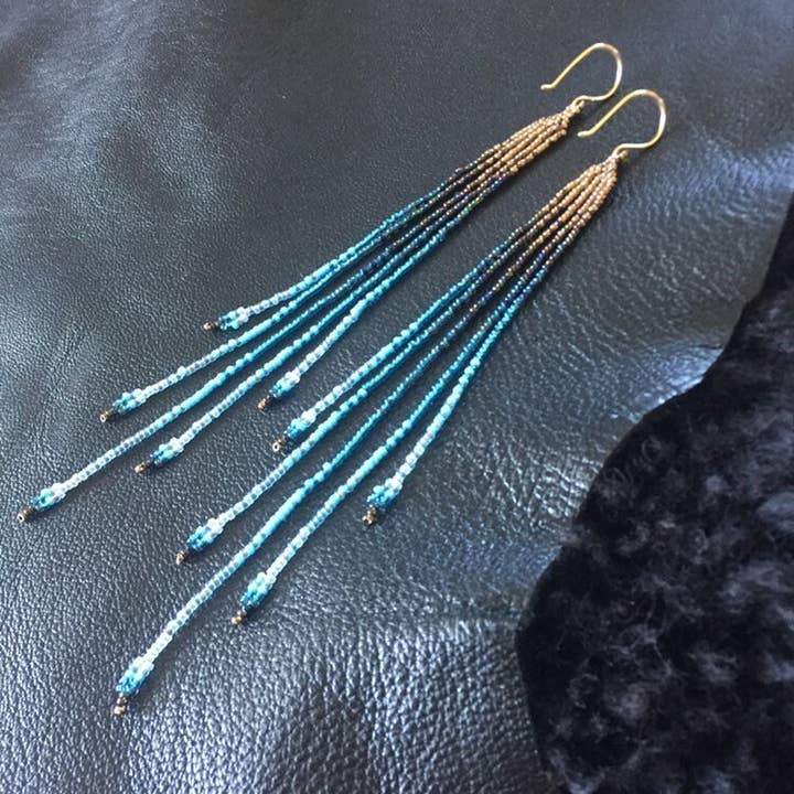 Gold, Deep Blue Ocean, Sky Fade 5" Long Seed Bead Earrings for wholesale by Maui Swan Designs