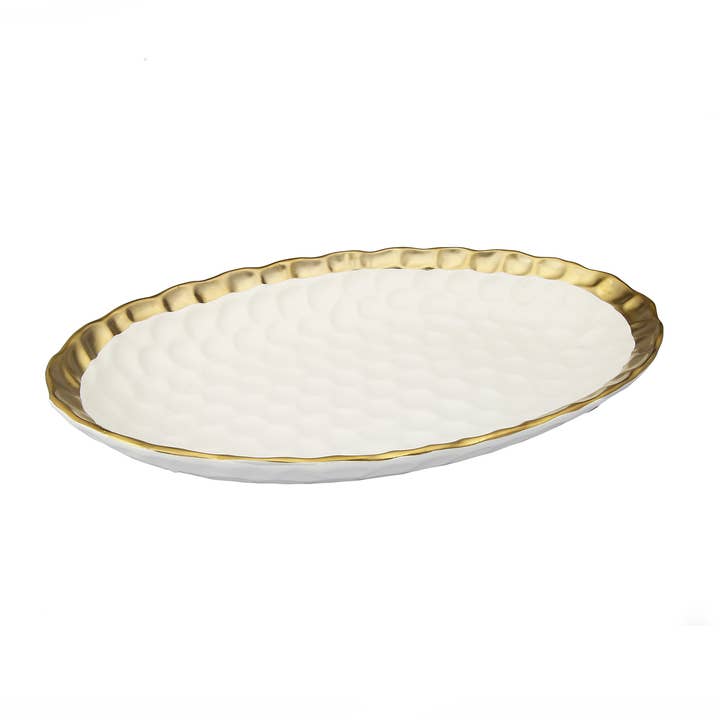 White Oval Tray with Gold Rim 15.25" x 9.5" for wholesale by CLASSIC TOUCH DECOR INC.