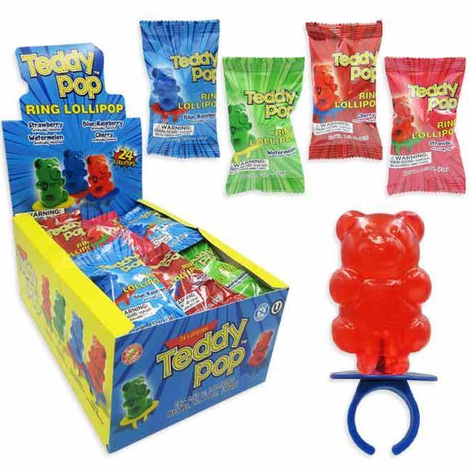 Long Island Candy Factory – wholesale Lollipop – Teddy Pop Ring Bear Lollipop 4 Flavor 24 ct Tray