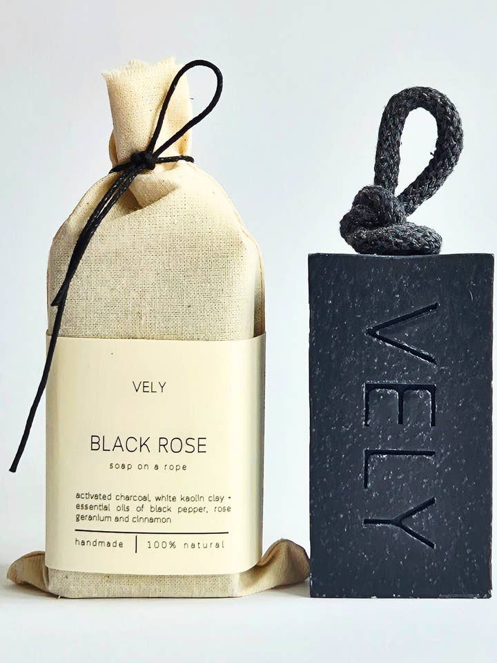 Natural Handmade Soap On A Rope “Black Rose" for wholesale by The Vely Soapery