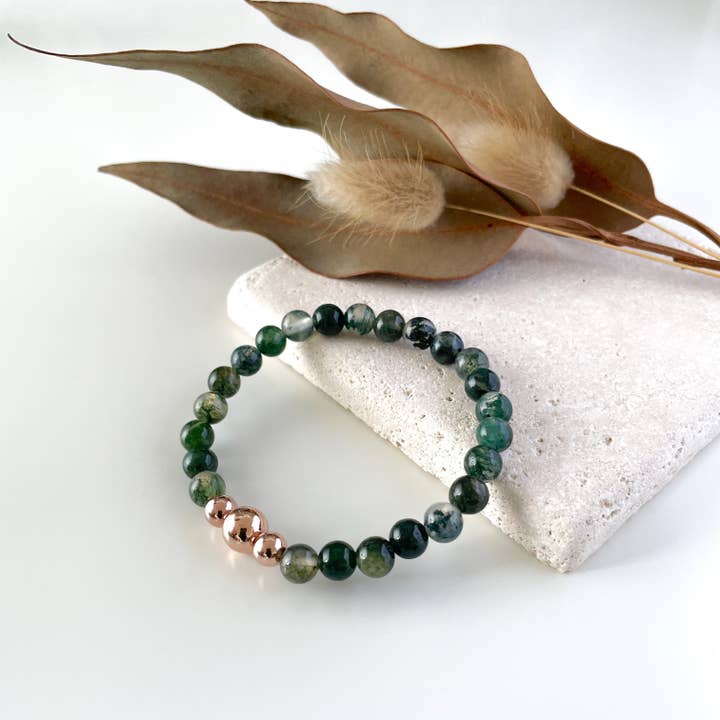 Trinity Bracelet with Moss Agate & 14k Rose Gold for wholesale by Ann Saint James