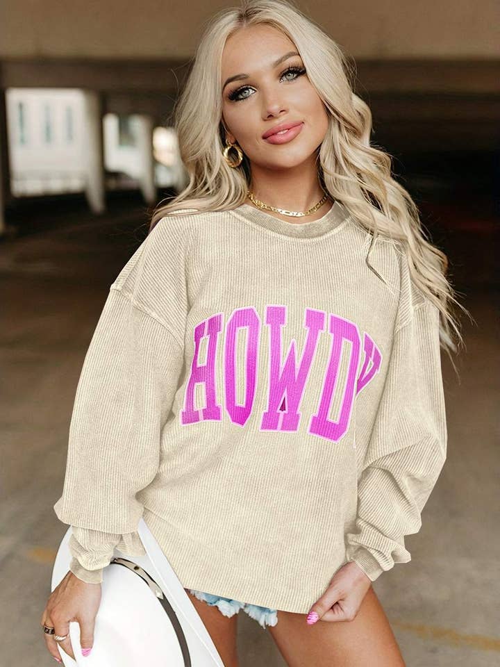 Fashion Combination - Wholesale Blouse - Women's - Colorblock “HOWDY” Corduroy Sweatshirt – Western Casual Pull4