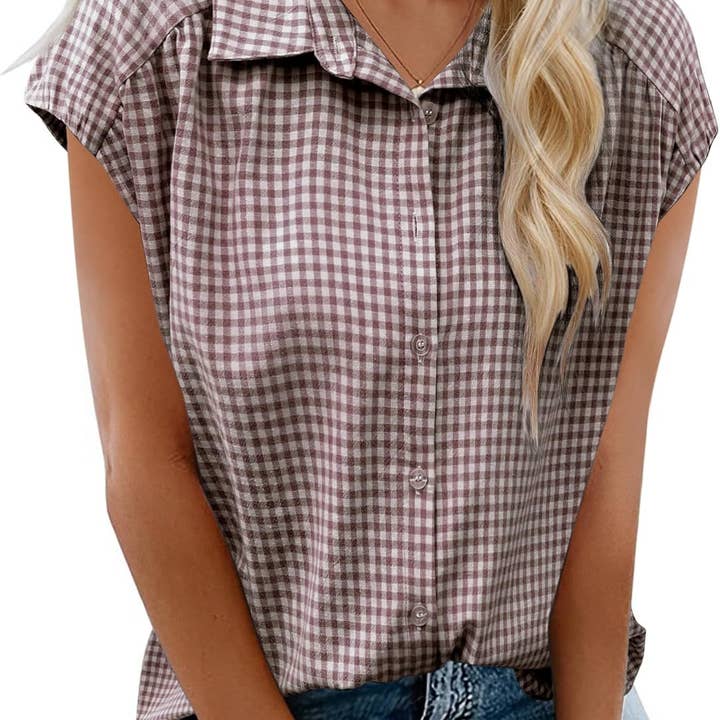 Suhkasana - Wholesale Button Down Shirt - Women's - Gingham Button Down Short Sleeve Cotton Shirt
