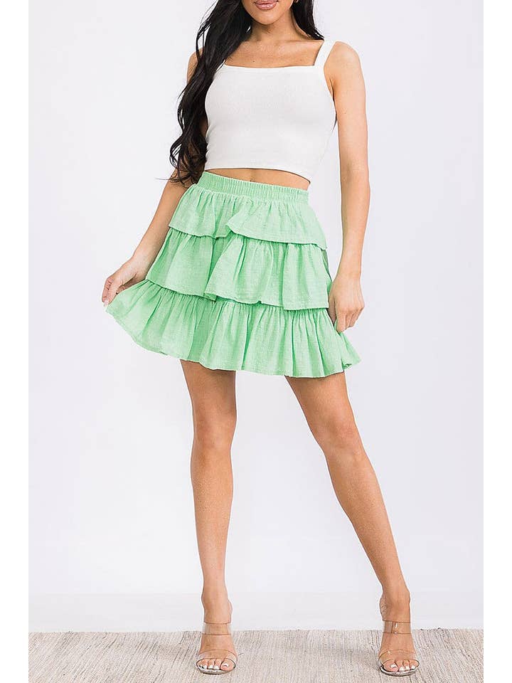 ROUSSEAU - Wholesale Skirt - Women's - SOLID RUFFLE TIERED ELASTIC WAIST MINI SKIRT4