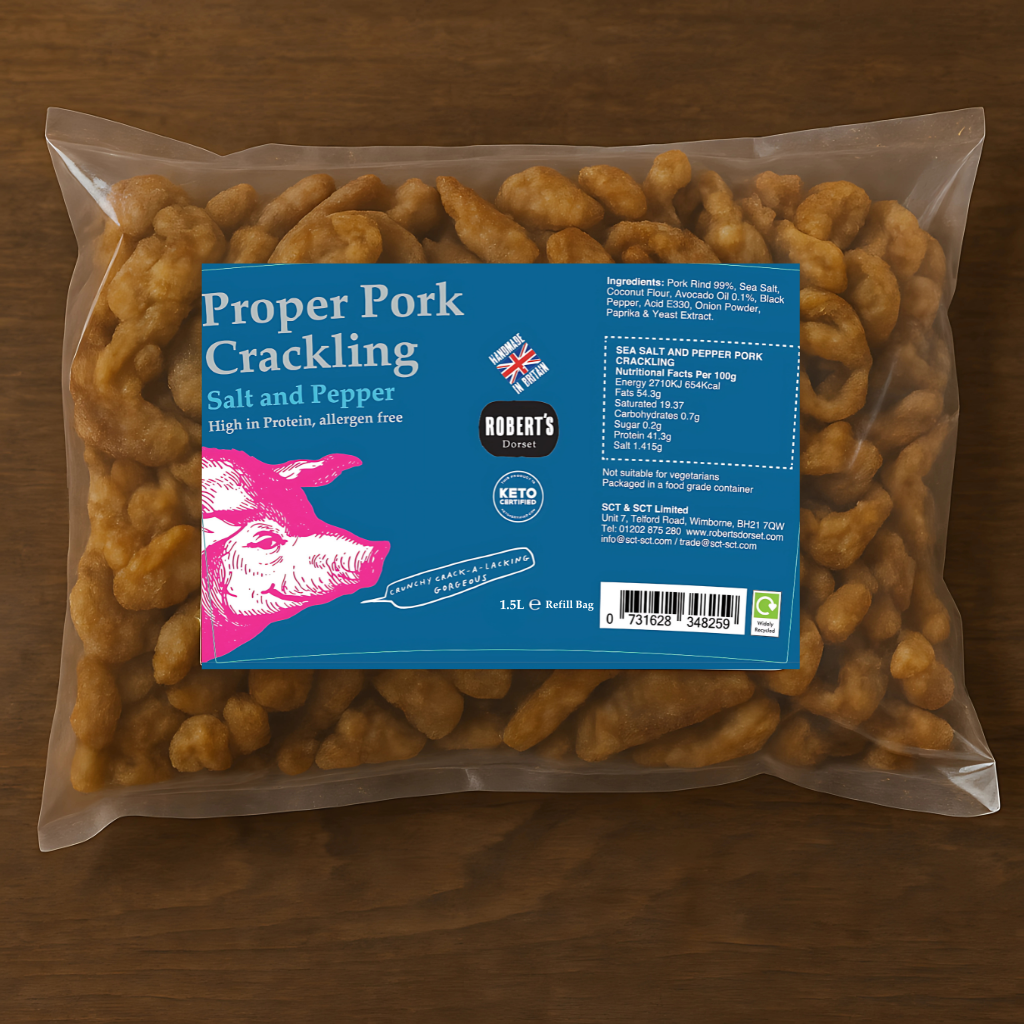 Robert’s Dorset – wholesale Puffed snack – Proper Pork Crackling 1.5L / 400g Refill Bag5