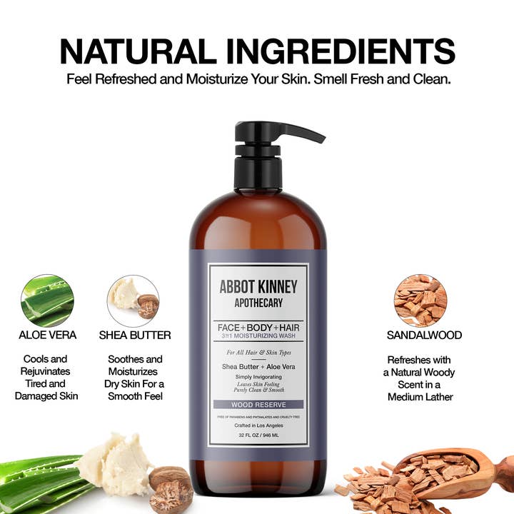 Abbot Kinney Apothecary - Wholesale 2-in-1 Shampoo & Body Wash - Men's - Men's 3 in1 Shampoo, Conditioner & Body Wash & Soap - Woods