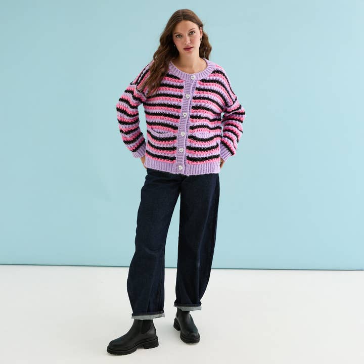 Cara & The Sky - Wholesale Cardigan - Women's - Bernice Stripe Cross Stitch Cardigan - Lilac6