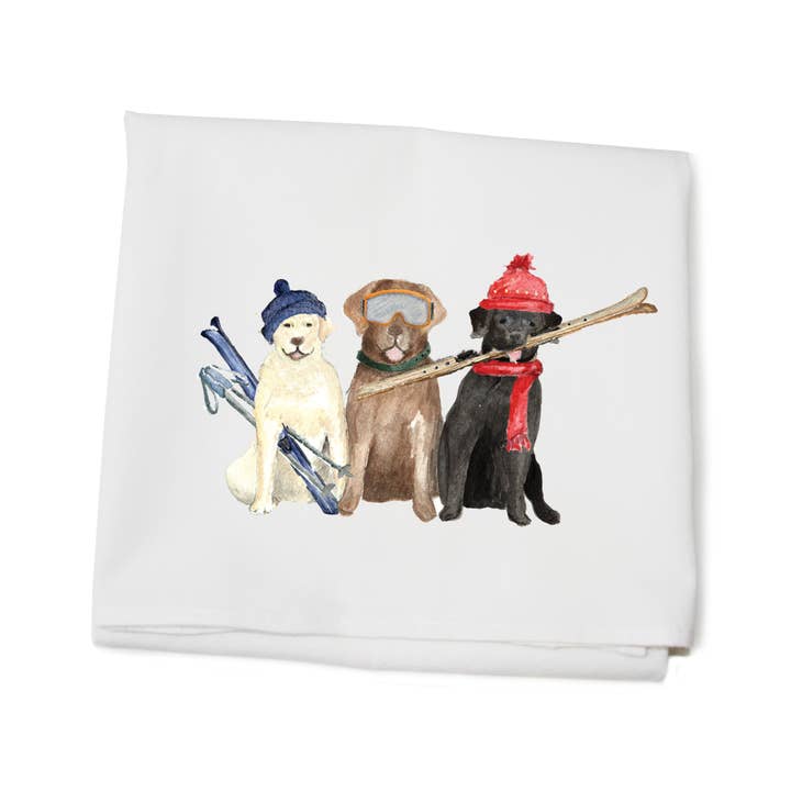 three labs skiing flour sack towel for wholesale by Tina Labadini Designs