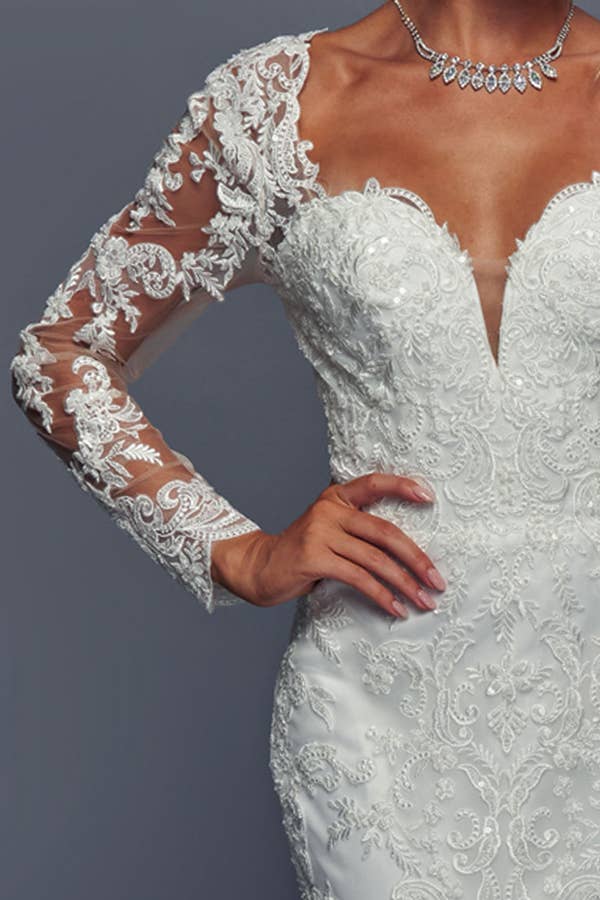 Babyfox Apparel - Vendita all'ingrosso Abito da sera - Donna - Abito da sposa a sirena con maniche lunghe trasparenti e scollo a cuore2